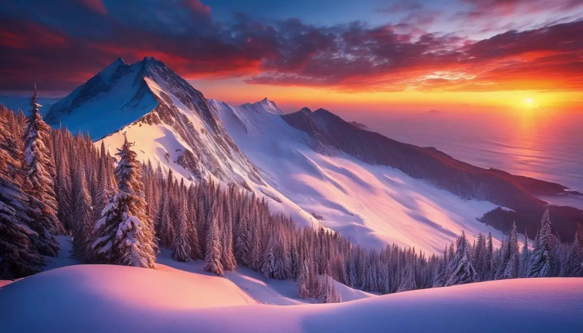 A mesmerizing image of snow-covered peaks with a vibrant sunrise over the ocean in the background.