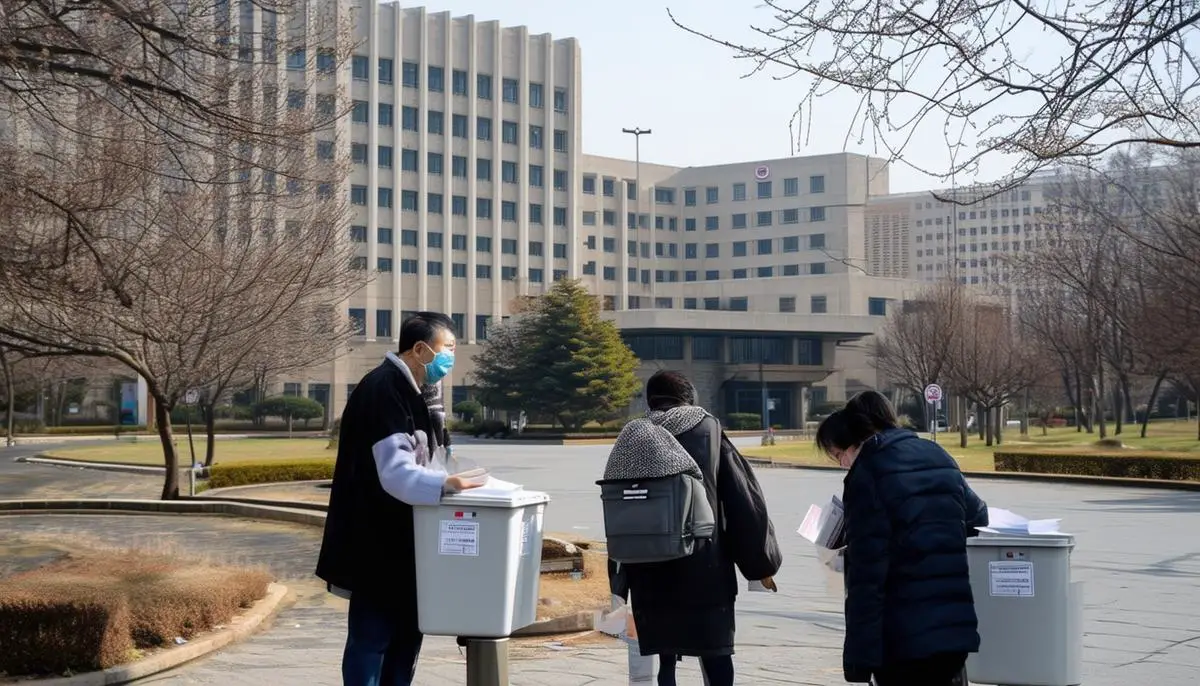 American voters dropping off their ballots at the U.S. Embassy in Seoul, South Korea, with the embassy building visible in the background.