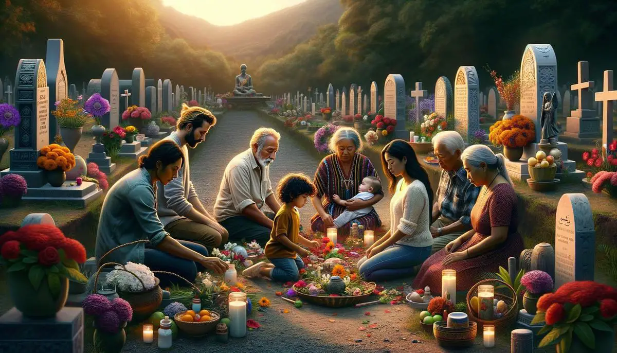 A serene image of a family tending to a well-kept grave, surrounded by offerings and flowers, illustrating the emotional connection to ancestral traditions