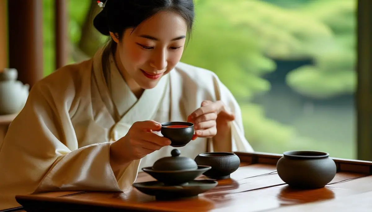 A guest participating in a Korean tea ceremony, savoring the tea and ambiance