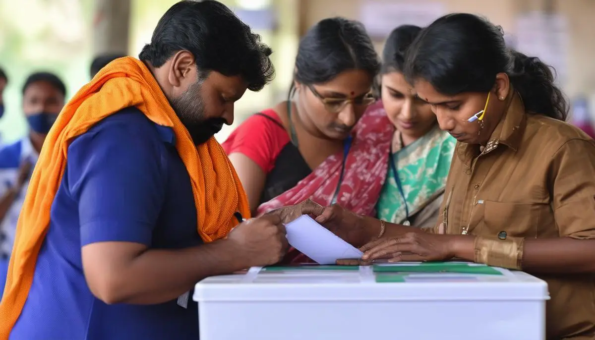 A team of diligent election officials carefully verify the identity of voters at a polling booth during the 2024 Indian General Elections, ensuring the integrity and transparency of the electoral process in line with the latest reforms and guidelines.
