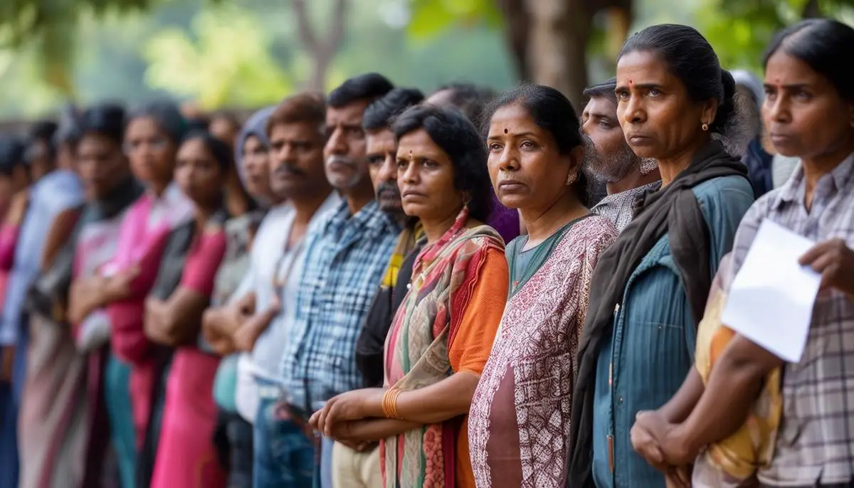 Indian voters of various ethnicities and age groups patiently wait in line to cast their ballots during the 2024 General Elections, reflecting the nation's commitment to the democratic process amidst the excitement of the electoral contest.