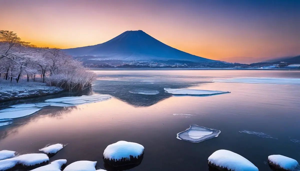 A scenic winter landscape on Jeju Island, with snow-capped mountains in the background and a frozen lake in the foreground.