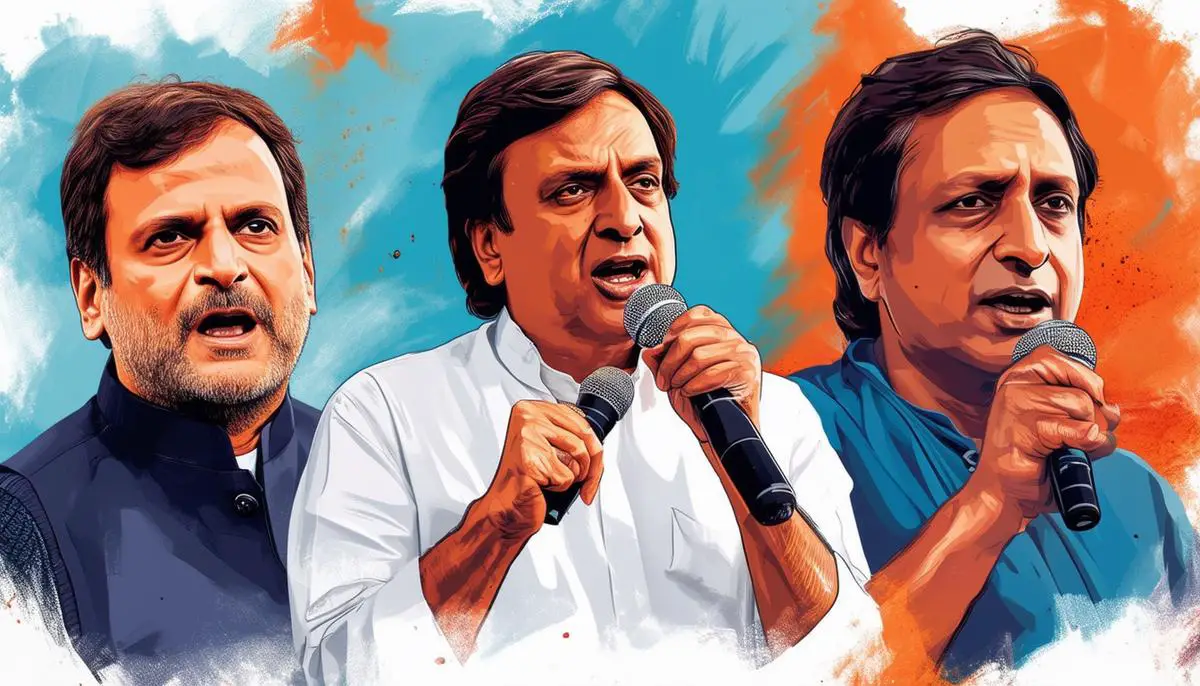 A collage featuring prominent candidates Rahul Gandhi, Shashi Tharoor, and Rajeev Gowda, each passionately addressing supporters at campaign rallies, showcasing the vibrant and competitive nature of the 2024 Indian General Elections.