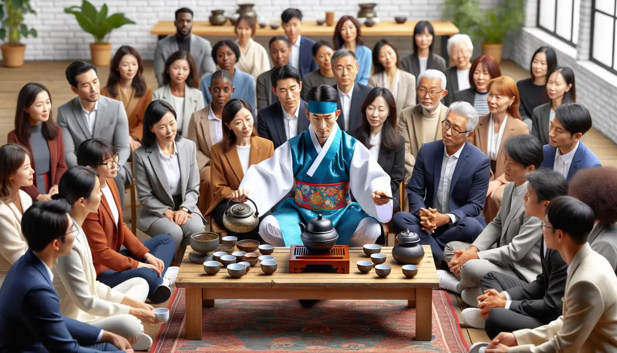 A Korean tea master conducting a tea ceremony workshop for an international audience